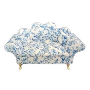 Miniature Blue White Floral Toile Sofa Jewelry Box Heart Back Trinket Holder